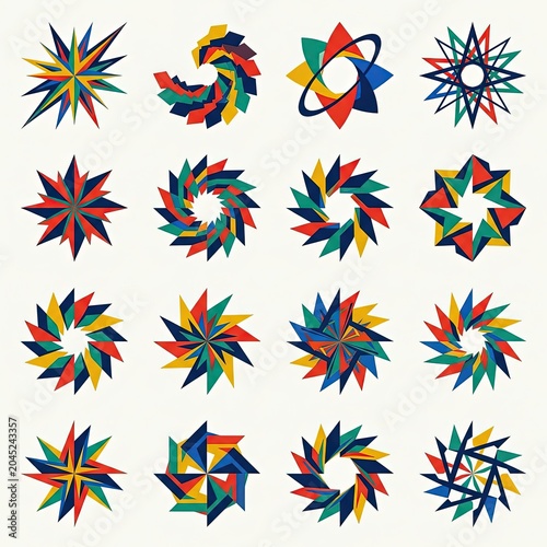 Vibrant abstract geometric shapes collection featuring diverse dynamic patterns, colorful starbursts, and ornamental vector elements for creative graphic design projects