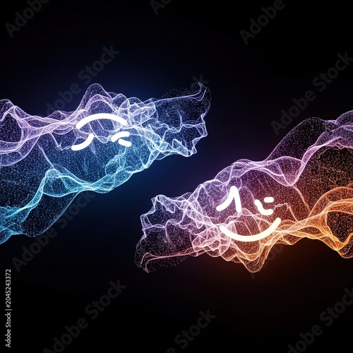 Luminous particle formations resembling abstract faces in a captivating digital display, symbolizing the intricate dance of communication and emotion across technological frontiers
