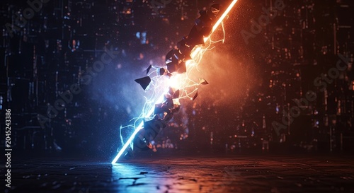 Dynamic collision of vibrant blue and orange energy beams shattering in a futuristic digital landscape, representing a powerful abstract interplay of opposing forces