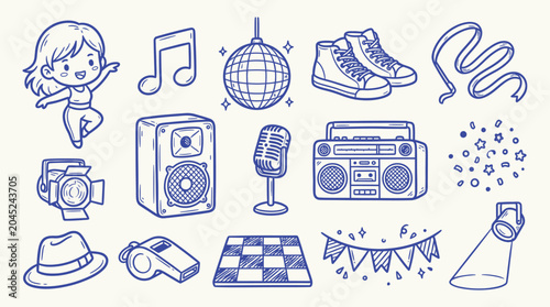 Bild auf Leinwand Collection of doodle-style illustrations related to music, dance, and parties, including a dancing girl, musical notes, disco ball, speakers, microphone, and party decorations