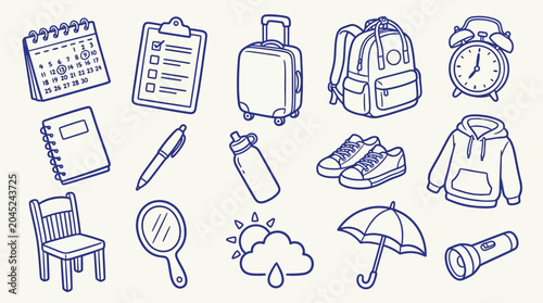 Collection of hand-drawn doodle icons representing everyday objects and school supplies.