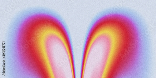 Symmetrical grainy abstract background with curved rainbow gradient waves, soft red-purple-yellow-blue color transition, textured noise effect.