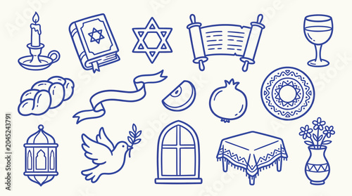 Fotografie Collection of Jewish holiday symbols and elements in a simple blue outline style
