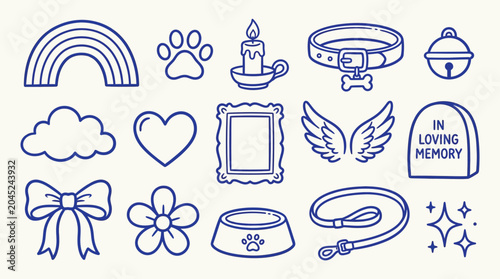 Obraz na płótnie Collection of pet memorial icons including a rainbow, paw print, candle, collar, and gravestone