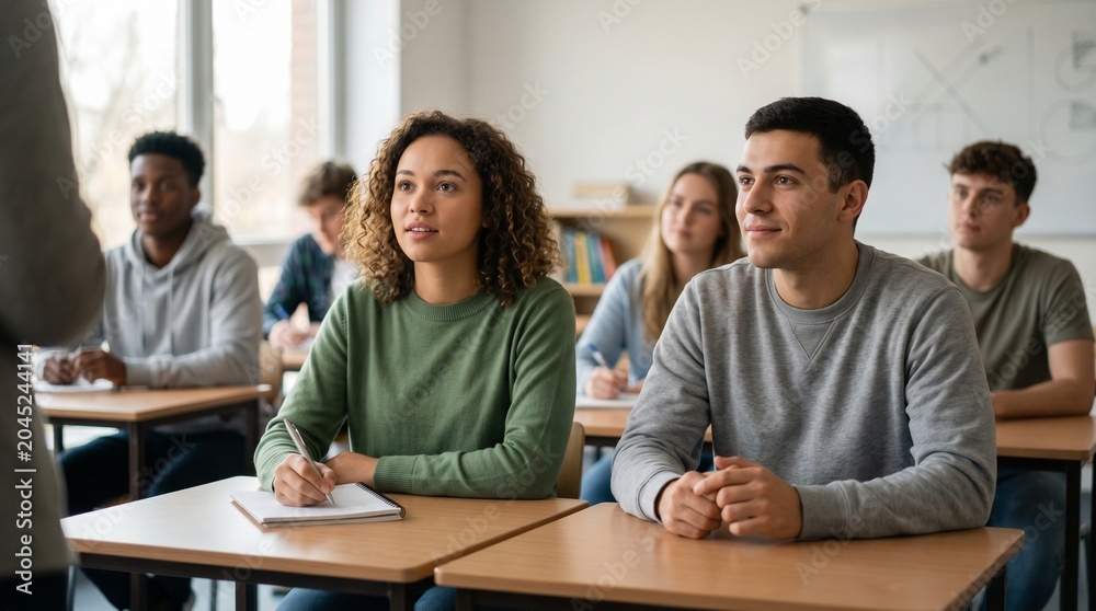 Fototapeta premium Students sit in classroom during lecture and listen to teacher while taking notes in notebook