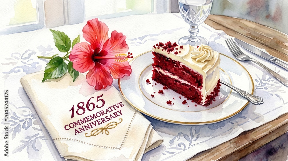 Naklejka premium Red velvet cake on a plate set for a Juneteenth anniversary celebration. Watercolor illustration of a 1865 commemorative event with hibiscus flower and napkin on a dining table