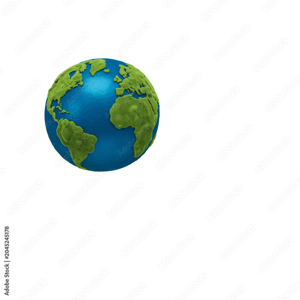 Fototapeta premium Globe shows the continents of the earth rendered in a stylized three-dimensional format on a plain white background.