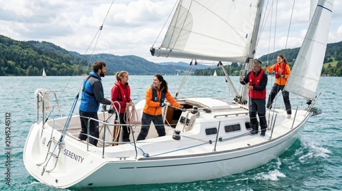 Group of diverse adult friends sailing on a modern sailboat on a lake, active leisure lifestyle, teamwork and adventure concept, outdoor recreation and nautical hobby