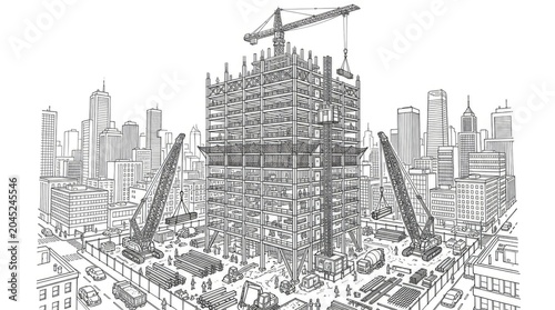 Detailed architectural sketch of modern skyscraper under active construction.
