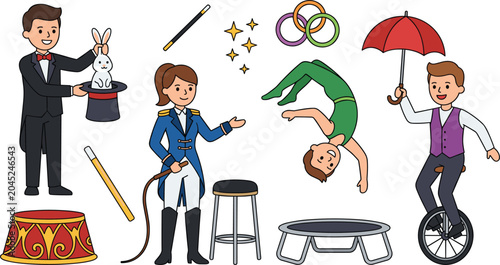 Circus Performance Vector Element Set with Magician, Acrobot, Ringmaster, Unicycle Rider, Magic Rabbit, and Carnival Show Props for Party and Festival Designs