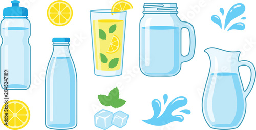 Fresh Drinking Water and Lemonade Set with Sport Bottle Glass Pitcher Mason Jar Ice Cubes and Mint Leaves for Hydration Vector Design