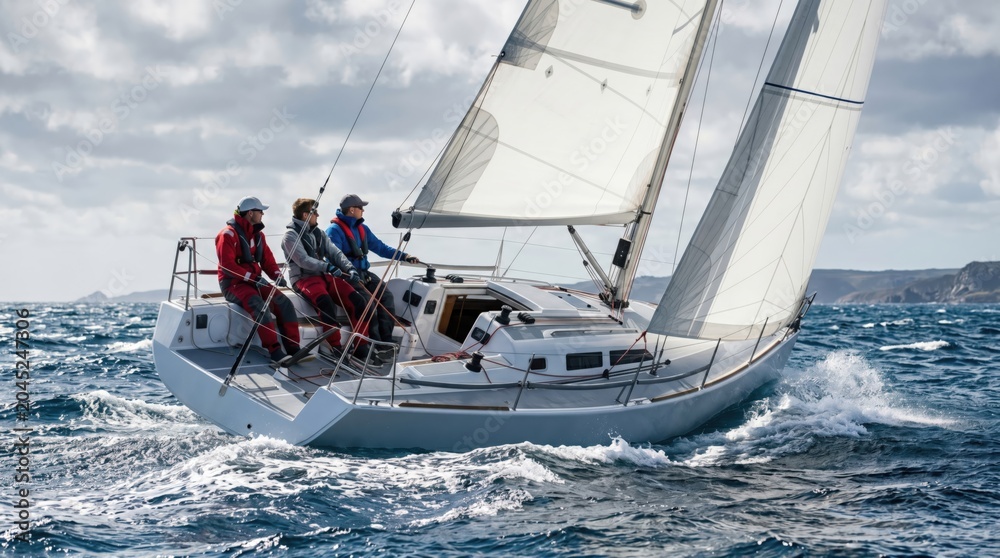 Fototapeta premium Three adult sailors navigating a modern sailboat on open ocean waters, representing teamwork, adventure, maritime leisure, and professional sailing training concepts