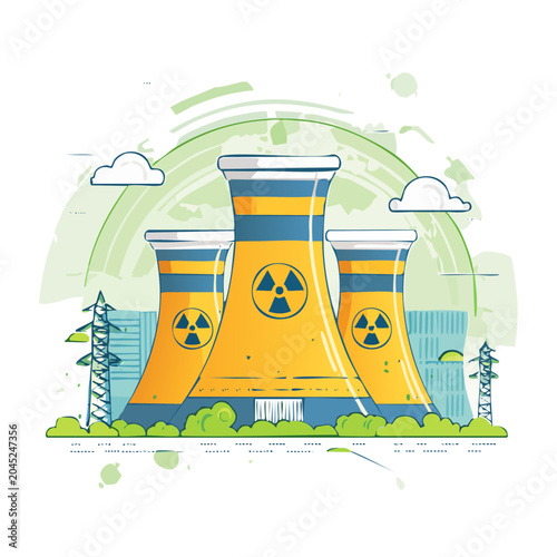 Nuclear power plant cooling towers with radiation symbol