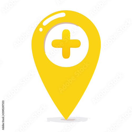 Yellow map pin icon with a plus symbol inside