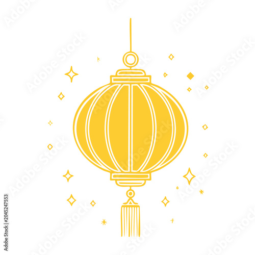 Yellow lantern with tassel and stars, line art illustration