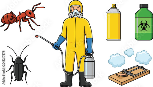 Pest Control Service Vector Icon Set with Exterminator in Hazmat Suit, Ant, Cockroach, Spray Can, Chemical Bottle, and Mousetrap Graphic Illustrations