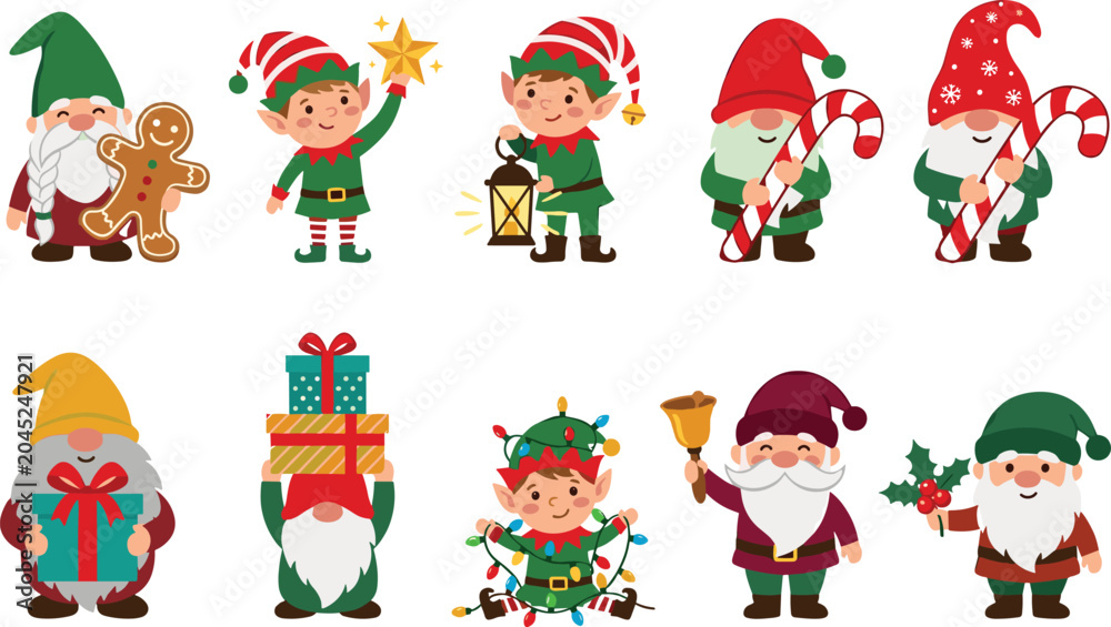 Naklejka premium Christmas Gnomes and Elves Character Set with Holiday Elements Like Gingerbread Gift Boxes Candy Canes Lights and Bell Vector Illustration