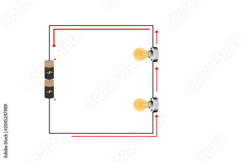Simple Series Electrical Circuit Diagram With Batteries and Two Light Bulbs Showing Current Flow
