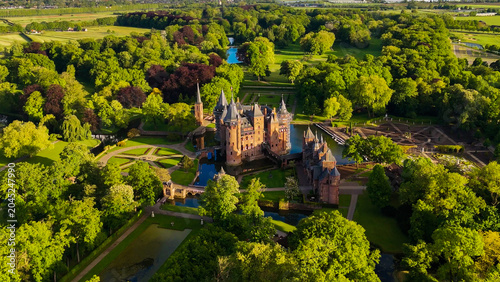 Aerial drone view of neogothic castle de Haar, the largest castle in the Netherlands, province Utrecht, May 14, 2026