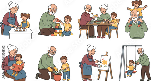 Grandparents and Grandchildren Activity Vector Set with Cartoon Seniors Baking Building Blocks Painting Gardening Reading and Swinging with Kids Illustrations