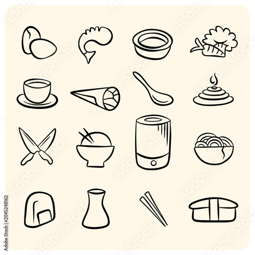 Japanese food and sushi bar icons set with onigiri ramen chopsticks green tea and kitchenware hand drawn doodle vector
