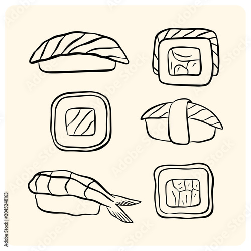 Japanese sushi and sashimi set with chopsticks hand drawn food illustration vector doodle style