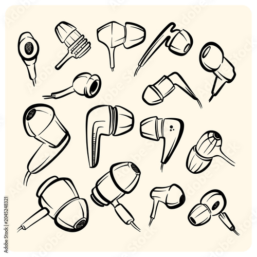 Modern wired earphones and earbuds collection hand drawn audio technology illustration vector doodle