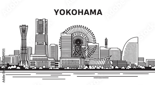 Cuadro en lienzo Yokohama Japan Skyline Illustration Black and White Vector