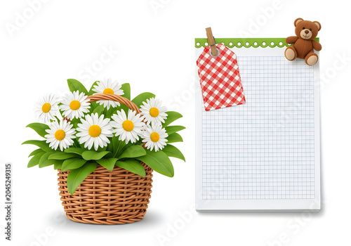 Cute teddy bear hanging on laundry with flower basket isolated on white background