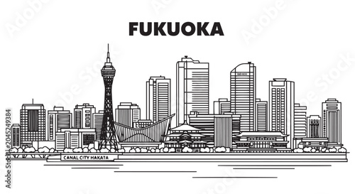 Tableau sur toile Fukuoka City Skyline Illustration Showing Landmarks and Buildings