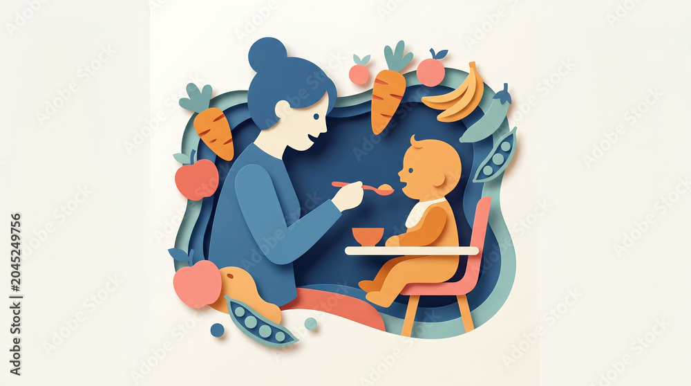 Fototapeta premium Paper Cut Mother Feeding Baby with Healthy Food Elements for Child Nutrition and Healthcare