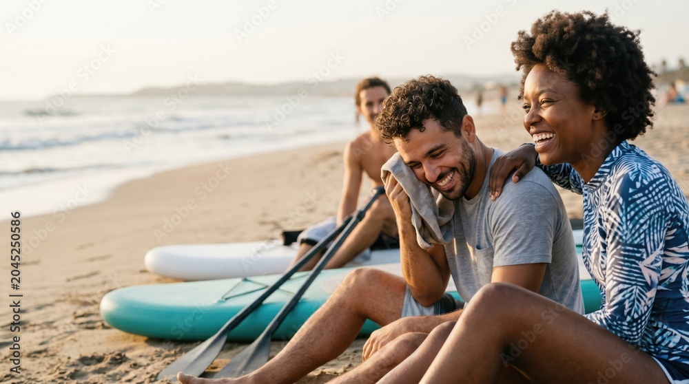 Obraz premium Diverse young friends relaxing on beach after stand up paddleboarding session at sunset, happy multiethnic group enjoying summer vacation lifestyle and outdoor water sports