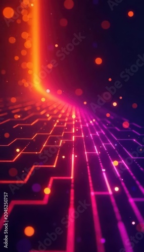 Abstract iridescent banner, orange and dark purple tech glowing neon laser grid , wave, texture
