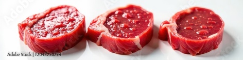Close-up of three juicy, raw beef steaks on white Rich color, visible marbling , tenderloin, food photography