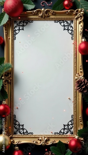Gold framed Xmas invitation, black geometric shapes, decor, glitter