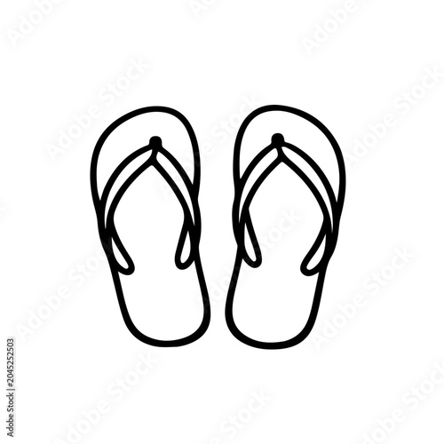 Simple black flip-flops with white straps, clean vector illustration, top view, minimalist summer footwear icon, isolated on light gray background, flat design, high resolution.