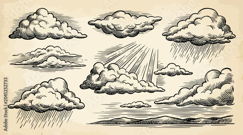 Handdrawn vintage woodcut cloud sketch featuring retro line art and classic black and white hatching texture for nature vector illustration