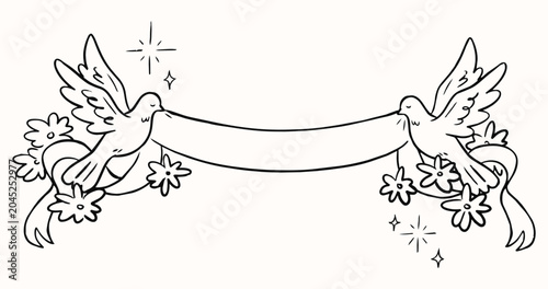 Wedding Invitation Banner with Doves and Floral Ribbon Line Art