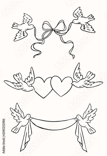 Wedding Design Elements Set with Doves, Hearts and Ribbon Line Art