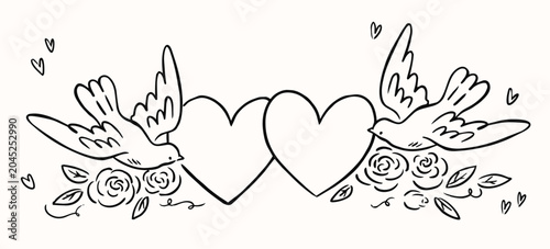 Wedding Card Design with Heart Frame, Doves and Floral Line Art