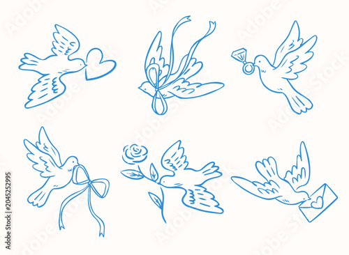 Romantic Dove Icon Set with Love and Couple Symbols Line Art