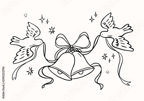 Wedding Greeting Card with Doves and Wedding Bells Line Art