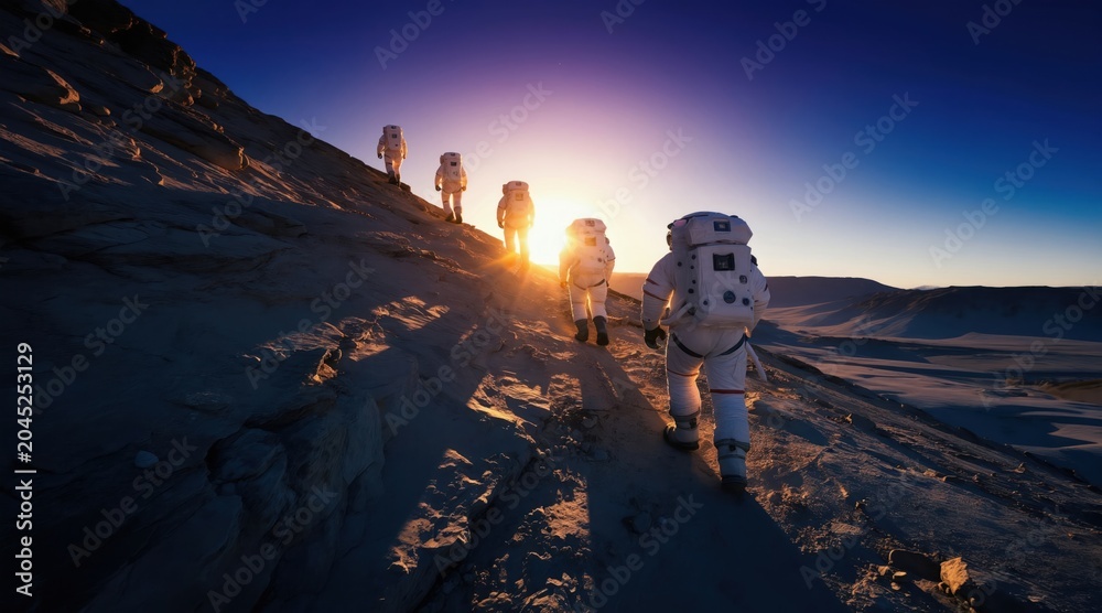 Obraz premium Five astronauts climb rocky alien planet surface. Team explores strange terrain under bright distant sun. Space mission to new world, future journey begins.
