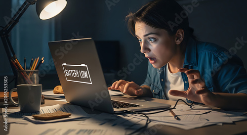 A shocked young woman stares wide-eyed at her laptop screen displaying a 