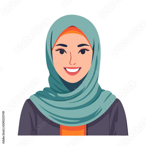 Smiling woman wearing a teal hijab and orange top