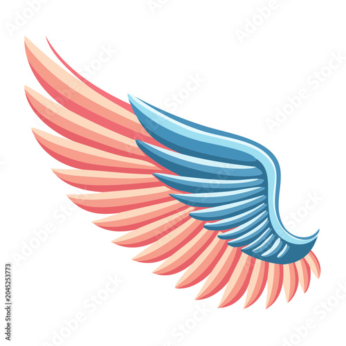 Stylized wing illustration with blue and pink feathers