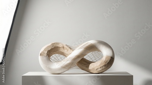 Modern abstract infinity sculpture crafted from polished white resin and natural textured wood on display