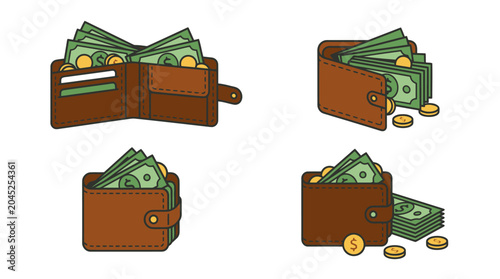 Fotografie Brown leather wallets stuffed with green paper currency.