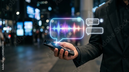 Person using a smartphone to interact with a digital voice assistant with sound waves and chat bubbles on a city street at night