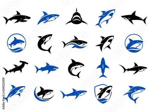 Shark Logo Collection Vector Set, Marine Predator Icons, Modern Ocean Animal Branding and Sports Mascots